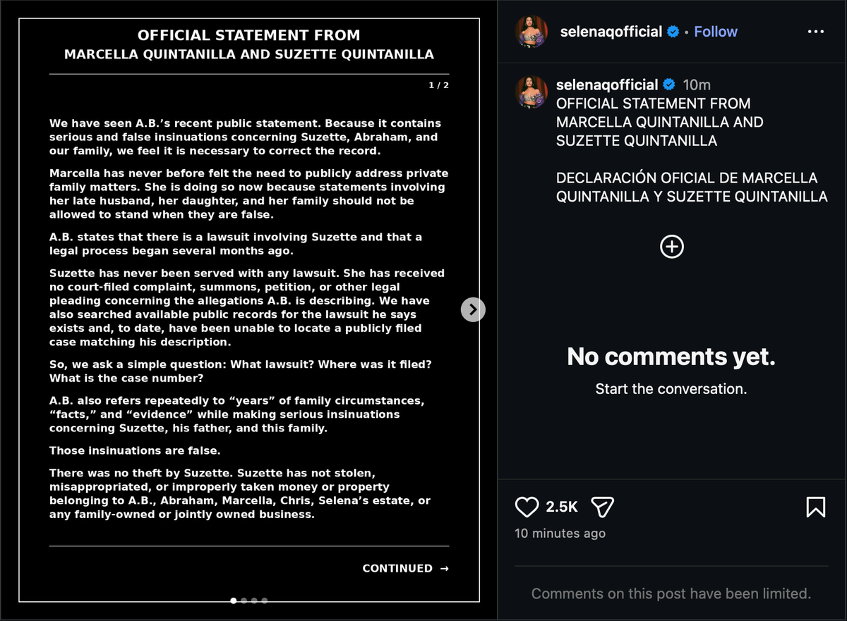 The response also addresses comments involving Abraham Quintanilla Jr., who died in December 2025.