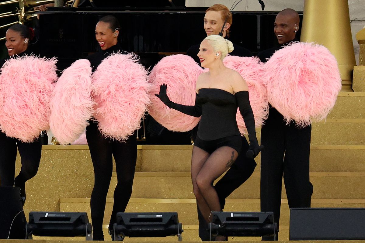 American Singer-Songwriter Lady Gaga performs at Square Barye during the athletesâ parade on the River Seine during the opening ceremony of the Olympic Games Paris 2024 on July 26, 2024, in Paris, France. 
