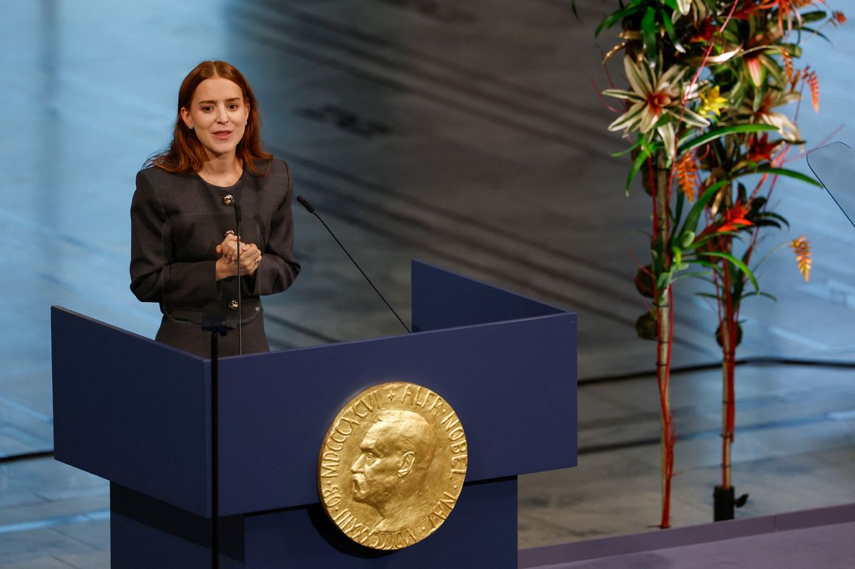 Ana Corina Sosa, daughter of Venezuelan opposition leader Maria Corina Machado, speaks after receiving the Nobel Peace Prize for her mother at the Nobel Peace Prize ceremony.