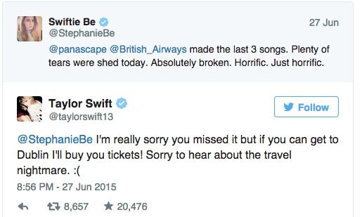 After learning that she missed the London concert in Hyde Park of the "1989" tour, Taylor gifted fan Stephanie Be with tickets to her show in Dublin.
<br>
Photo: Twitter/@stephaniebe