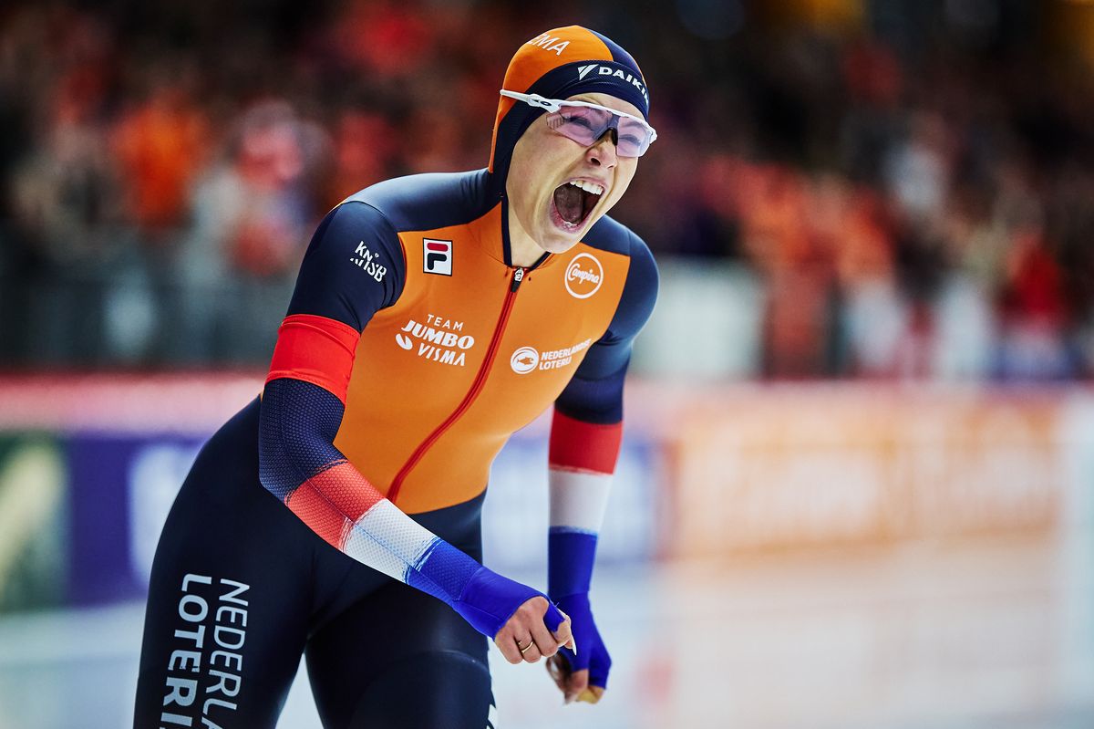 INZELL, GERMANY - MARCH 08: Jutta Leerdam of Netherlands celebrates in the Women's Sprint 2nd 1000m at Max Aicher Arena on March 08, 2024 in Inzell, Germany. (Photo by Joosep Martinson - International Skating Union/International Skating Union via Getty Images)