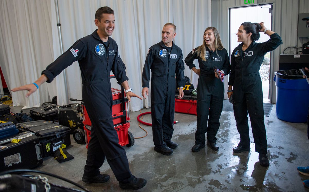 The Polaris Dawn flight crew: Mission Commander Jared Isaacman, Mission pilot Scott Poteet, mission specialist and medical officer Anna Menon and mission specialist Sarah Gillis gather to do a board a zero gravity plane as they prepare for their scheduled launch aboard SpaceX's Falcon 9 rocket that will launch the Polaris Dawn mission