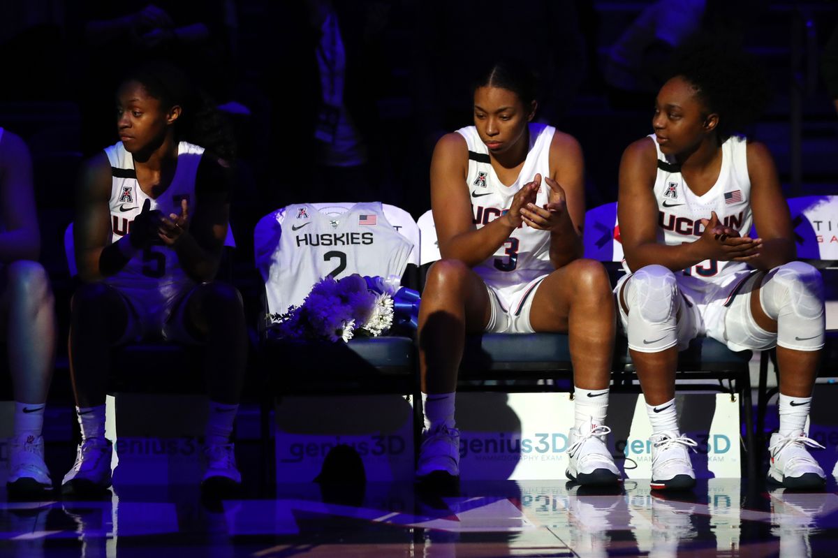 A jersey to honor Gianna Bryant sits on the UConn bench before the USA Women's National Team Winter Tour 2020 game between the United States and the UConn Huskies at The XL Center on January 27, 2020 in Hartford, Connecticut. 