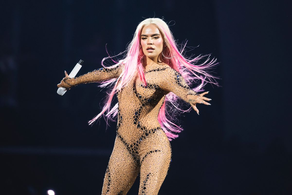 Karol G performs on stage at Santiago Bernabeu Stadium on July 20, 2024, in Madrid, Spain. 