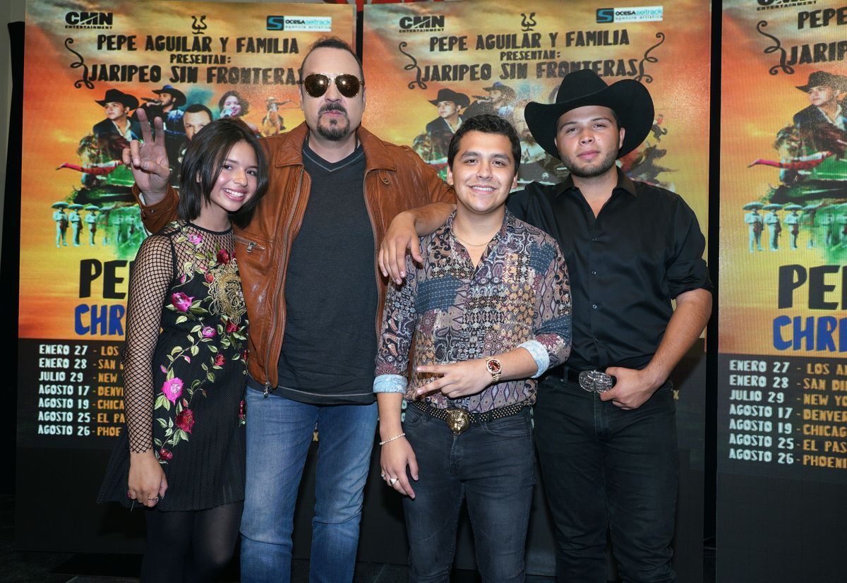 Angela Aguilar, Pepe Aguilar, Christian Nodal, Leonardo Aguilar during 'Jaripeo Sin Fronteras' on January 10, 2018.