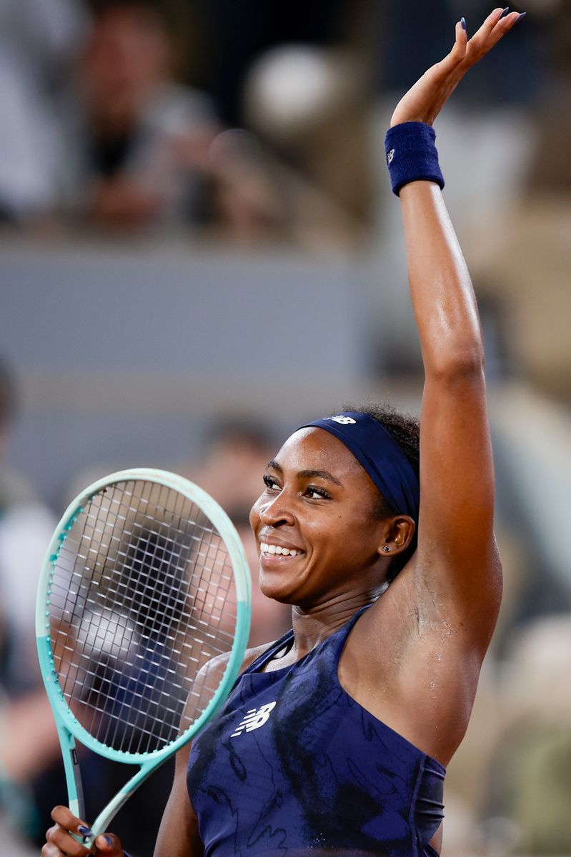 Coco Gauff celebrates winning her match against Lois Boisson of France during the Women's Singles Semifinals on Day 12 of the 2025 French Open at Roland Garros on June 5, 2025