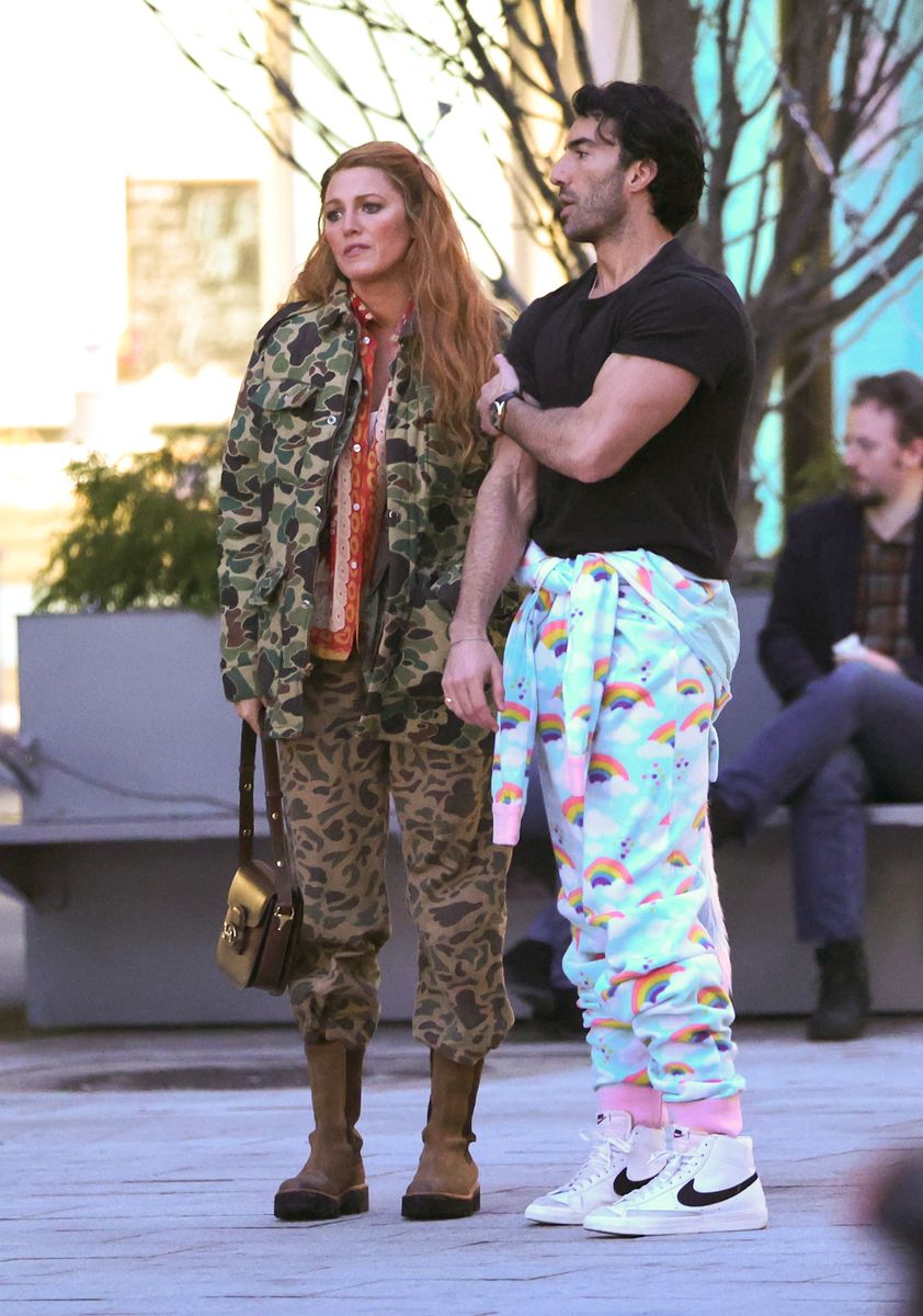 Blake Lively and Justin Baldoni are seen on the set of "It Ends with Us" on January 12, 2024 in Jersey City, New Jersey.  (Photo by Jose Perez/Bauer-Griffin/GC Images)