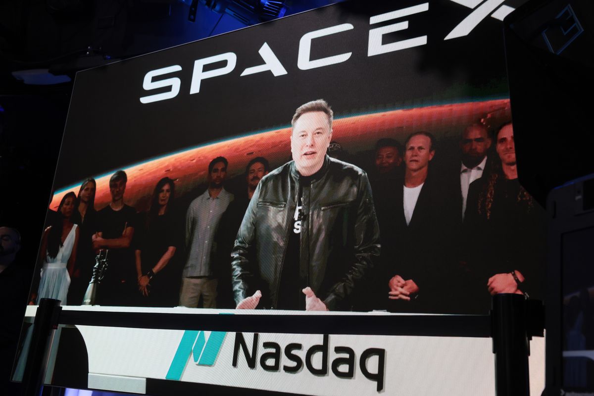 Elon Musk, founder and CEO of SpaceX, speaks via video before the ringing of opening bell at the Nasdaq Marketsite at the launch of the company's initial public offering (IPO) on June 12, 2026 in New York City