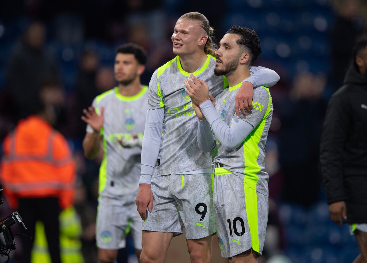 BURNLEY, ENGLAND - APRIL 22: Erling Haaland and Rayan Cherki of Manchester City after the Premier League match between Burnley and Manchester City at Turf Moor on April 22, 2026 in Burnley, England. (Photo by Visionhaus/Getty Images)