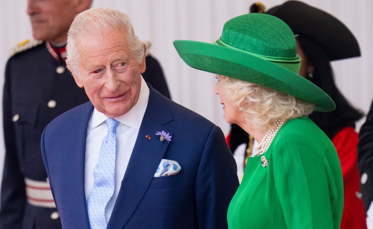 WINDSOR, ENGLAND - JULY 8: King Charles III and Queen Camilla during the formal welcome at the Royal Dais on July 8, 2025 in Windsor, England. President Emmanuel Macron and Mrs Brigitte Macron visit the UK in the first visit State Visit made by France in 17 years. They are staying at Windsor Castle, hosted by King Charles III and Queen Camilla, and a banquet will be held there in their honour. The Macrons will visit Imperial College, and the President will address Parliament during his stay. (Photo by Mark Cuthbert/UK Press via Getty Images)