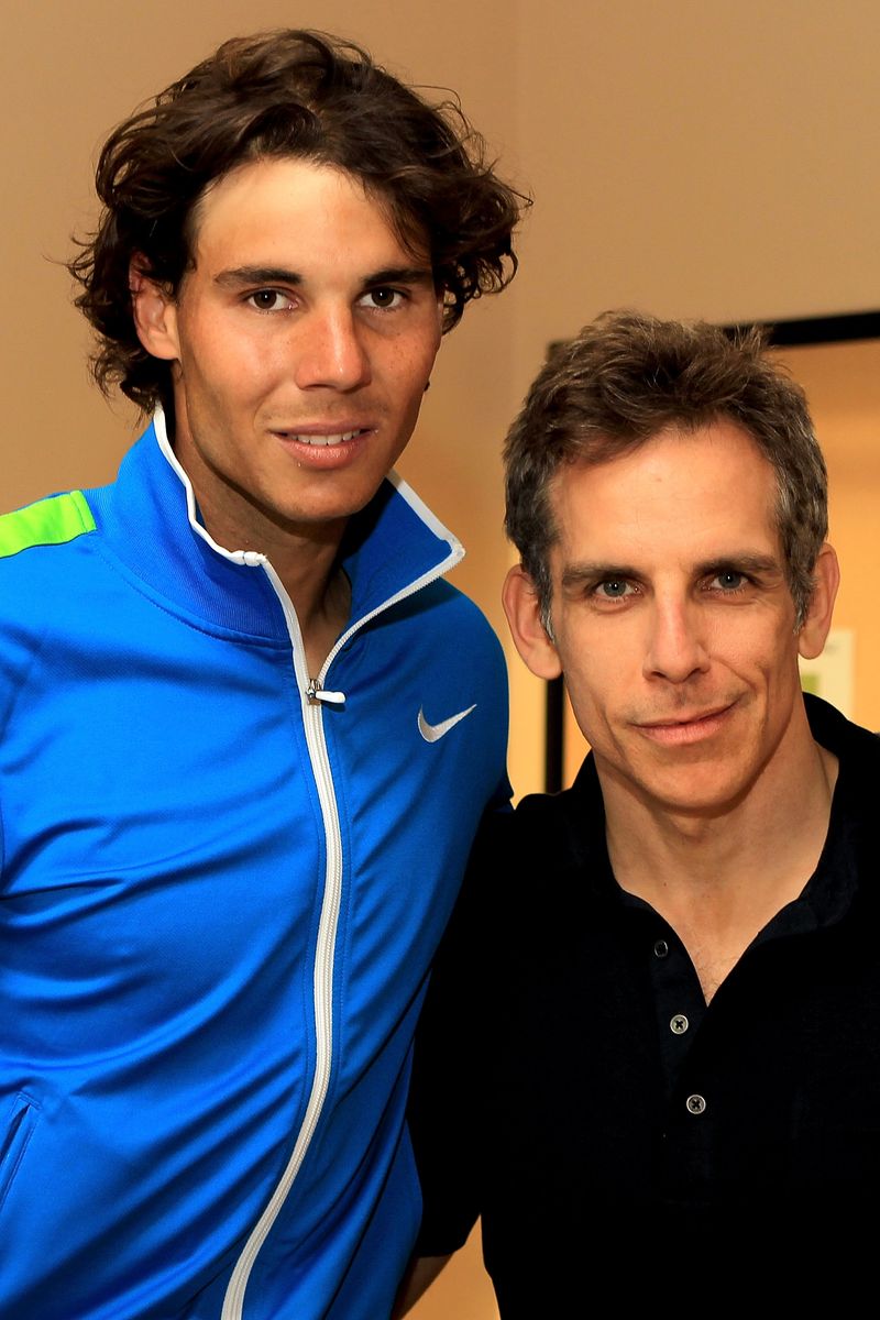 Rafael Nadal meets actor Ben Stiller after his match with David Nalbandian of Argentina, March 16, 2012, in Indian Wells, California