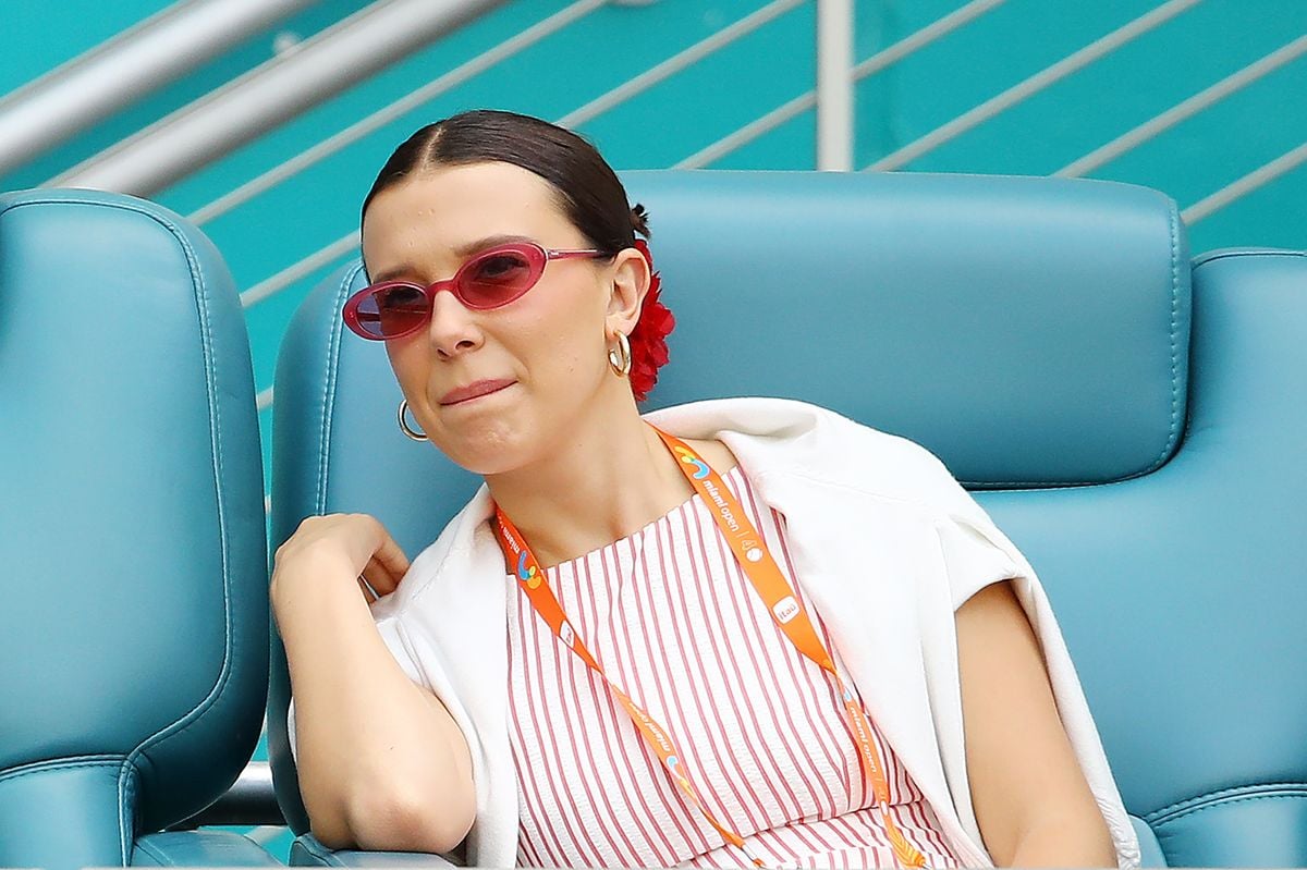 Millie Bobby Brown attends to Aryna Sabalenka and Jasmine Paolini of Italy match for the women's semifinal on Day 10 of the Miami Open at Hard Rock Stadium on March 27, 2025 in Miami Gardens, Florida. 