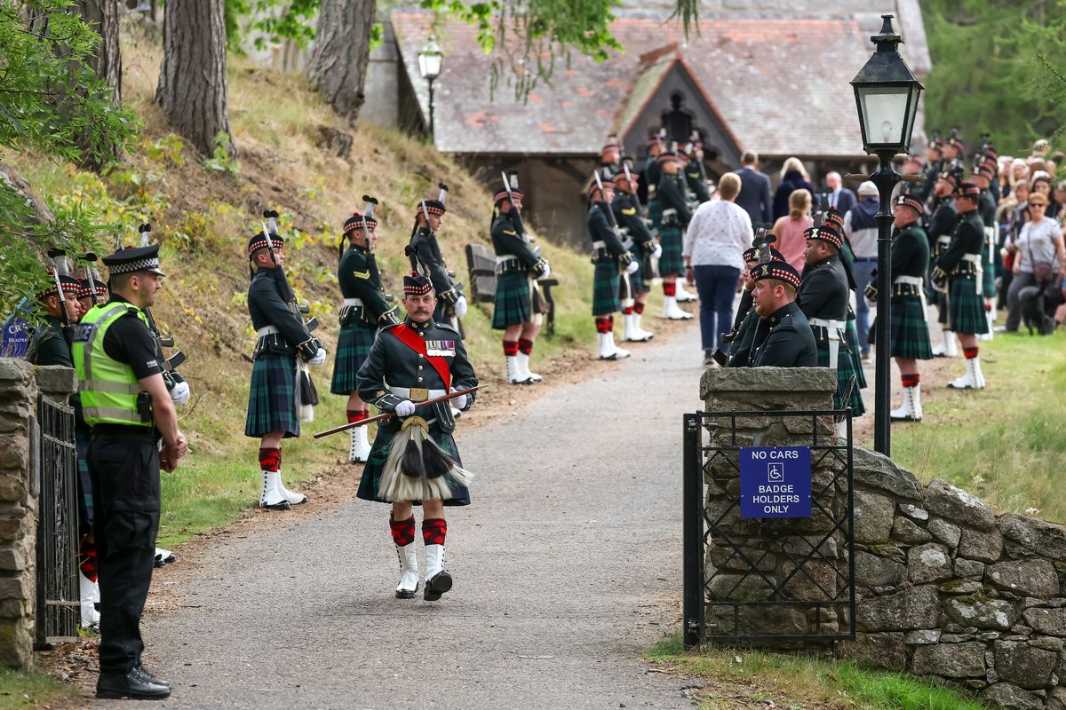 Balaklava Company, from The Royal Regiment of Scotland, forms a guard of honour at Crathie Kirk Church on August 24, 2025 in Crathie, Aberdeenshire. Queen Victoria began worshipping at the church in 1848 and every British monarch since has worshipped there while staying at nearby Balmoral Castle. 