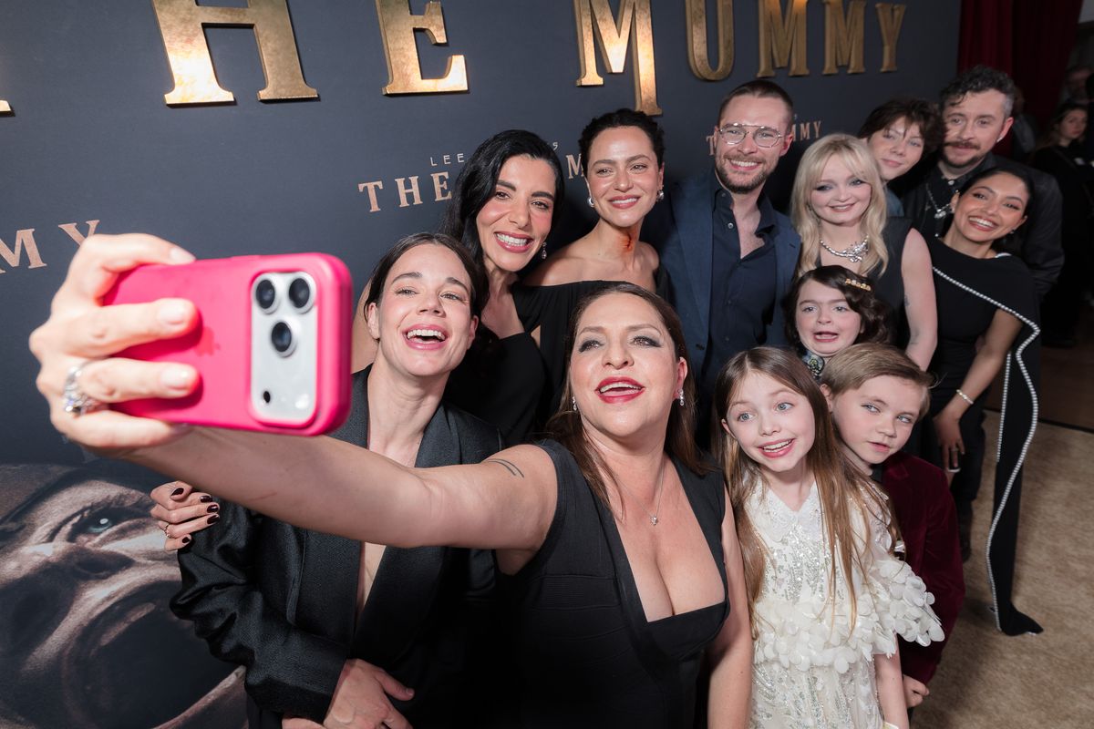 Laia Costa, Hayat Kamille, May Calamawy, Jack Reynor, Natalie Grace, Shylo Molina, Lee Cronin, May Elghety, (front row L-R) Veronica Falcon, Emily Mitchell, Dean Allen Williams, and Billie Roy attend "Lee Cronin's THE MUMMY" special screening.