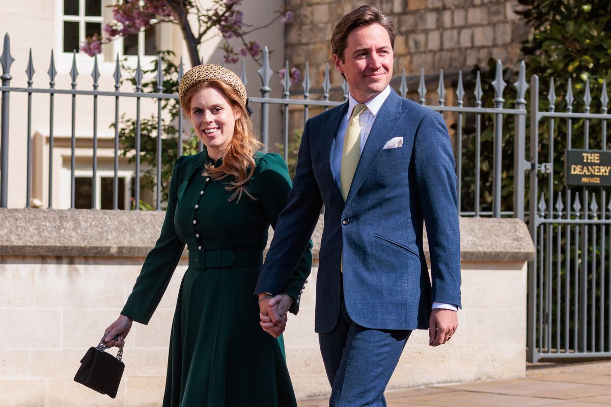Princess Beatrice of York and Edoardo Mapelli Mozzi arrive to attend the Easter Sunday church service at St George's Chapel in Windsor Castle on 20th April 2025 in Windsor, United Kingdom. Easter Sunday is the focal point of the Royal Family's Easter celebrations. (photo by Mark Kerrison/In Pictures via Getty Images)