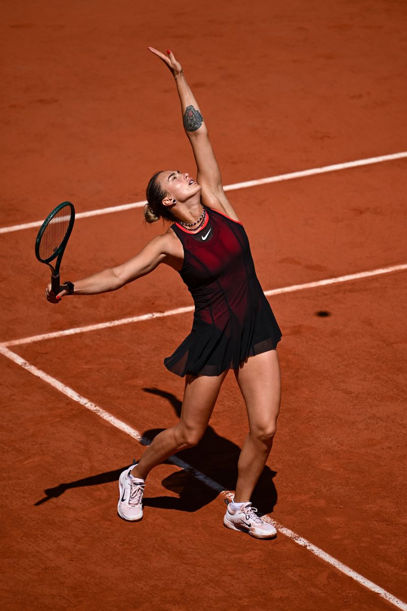 Aryna Sabalenka of Belarus in action against Jessica Bouzas Maneiro of Spain during the Women's Singles first round match on Day Three of the 2026 French Open at Roland Garros on May 26, 2026 in Paris