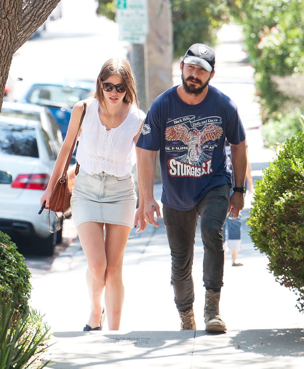 Shia LaBeouf and Mia Goth are seen in Hollywood on August 30, 2014 in Los Angeles, California.