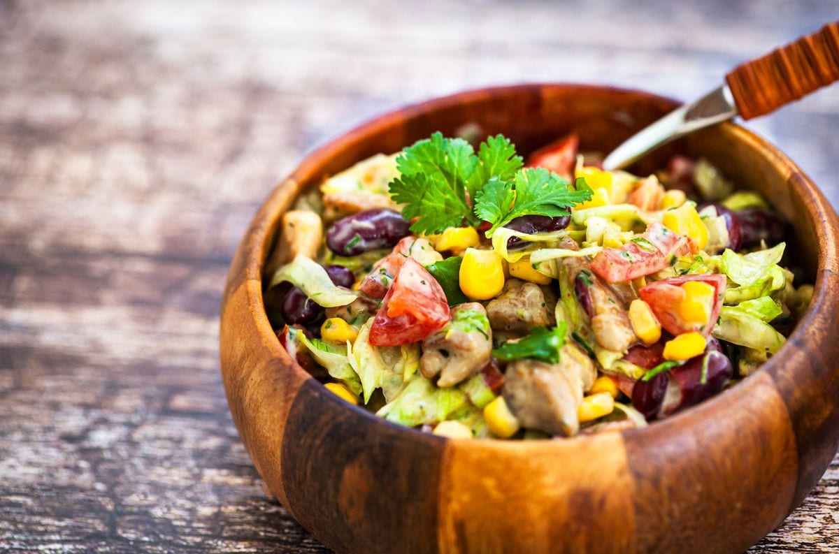 Fresh tomato, cucumber, beans, corn  and chicken salad