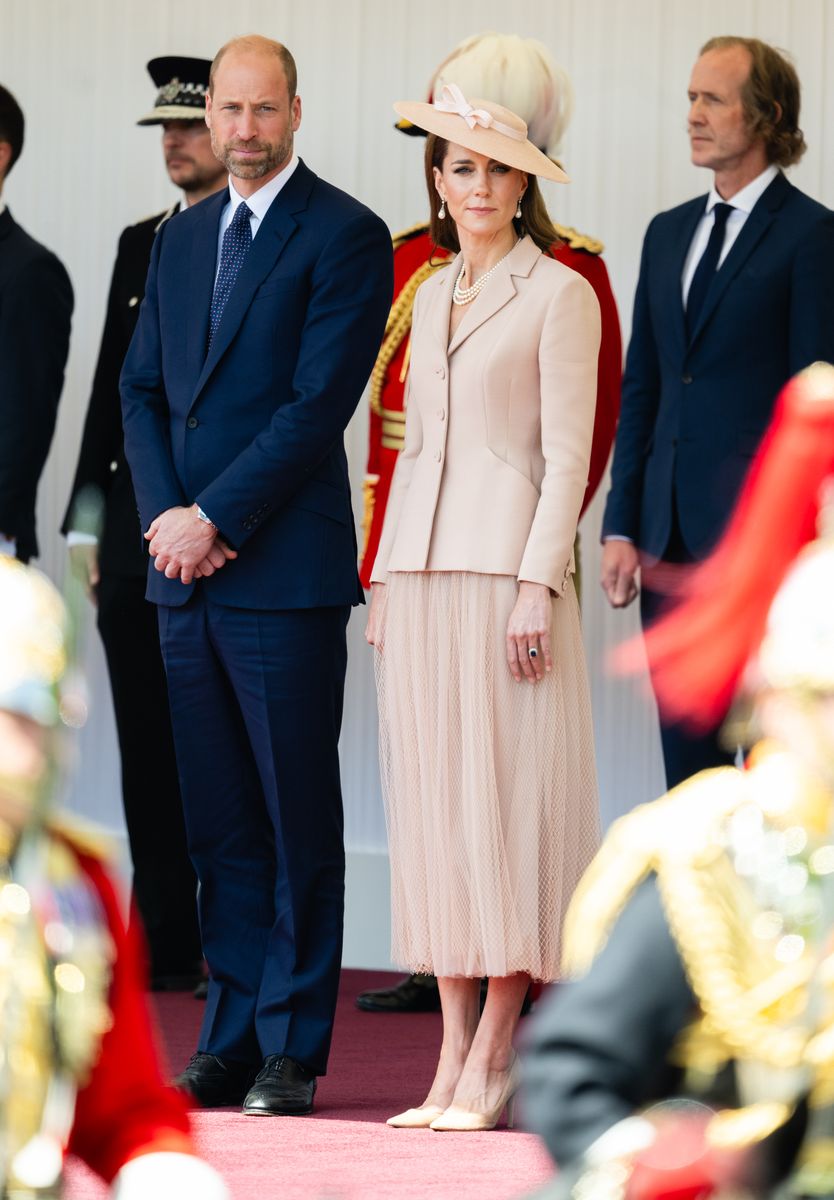 WINDSOR, ENGLAND - JULY 08: Prince William, Prince of Wales and Catherine, Princess of Wales on the Royal Dais at Datchet Road on July 08, 2025 in Windsor, England. President Emmanuel Macron and Mrs Brigitte Macron visit the UK in the first visit State Visit made by France in 17 years. They are staying at Windsor Castle, hosted by King Charles III and Queen Camilla, and a banquet will be held there in their honour. The Macrons will visit Imperial College, and the President will address Parliament during his stay. (Photo by Samir Hussein/WireImage)
