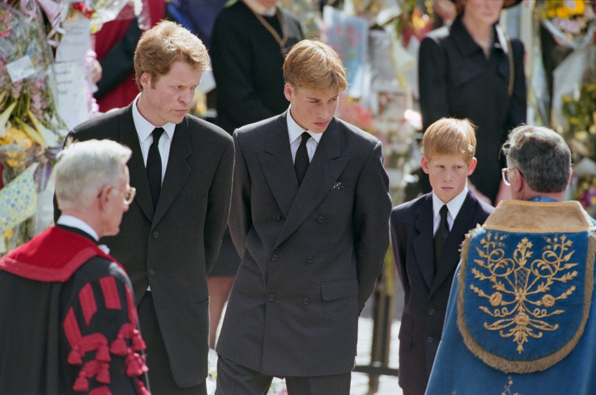 Charles Spencer joins his nephews, Prince William and Prince Harry, at Princess Diana’s funeral service at Westminster Abbey on September 6, 1997.