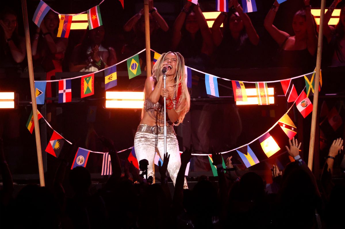 Karol G performs on stage during the 2024 MTV Video Music Awards at UBS Arena on September 11, 2024 in Elmont, New York.  (Photo by Mike Coppola/Getty Images for MTV)