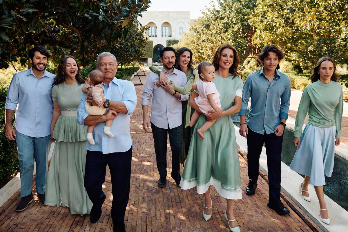 King Abdullah II and Queen Rania with their children, grandchildren and extended family in a photo shared in December 2025. The arrival of Princess Iman's twin girls has made the King and Queen grandparents of four.