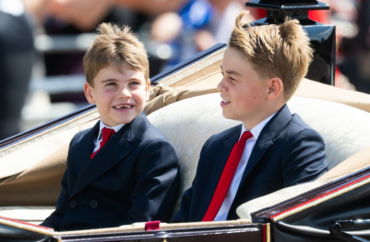 LONDON, ENGLAND - JUNE 14: Prince Louis of Wales and Prince George of Wales during Trooping The Colour 2025 on June 14, 2025 in London, England. Trooping The Colour is a ceremonial parade celebrating the official birthday of the British Monarch. The event features over 1,400 soldiers and officers, accompanied by 200 horses. More than 400 musicians from ten different bands and Corps of Drums march and while performing. (Photo by Samir Hussein/WireImage)