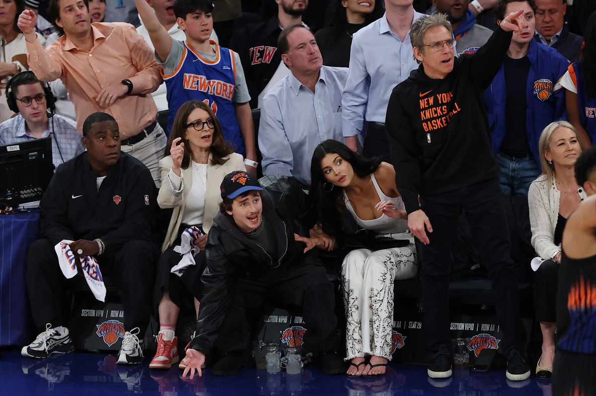Tracy Morgan, Tina Fey, TimothÃ©e Chalamet, Kylie Jenner, and Ben Stiller attend Game Five of the Eastern Conference First Round NBA Playoffs