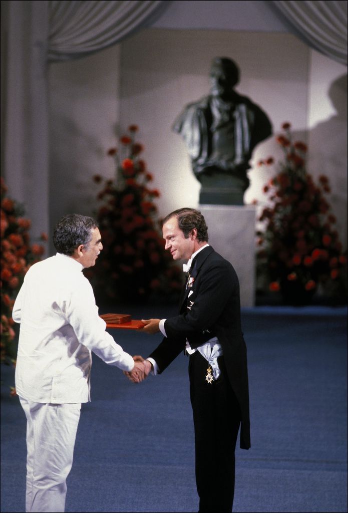 Gabriel García Márquez and King Carl Gustaf of Sweden at the Nobel Prize in Literature ceremony in 1982.