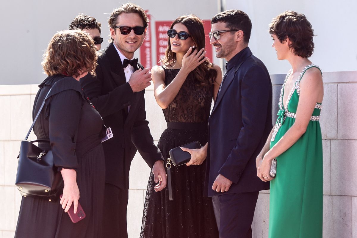 Kaia Gerber and Lewis Pullman attend "The Testament Of Ann Lee" red carpet during the 82nd Venice International Film Festival 