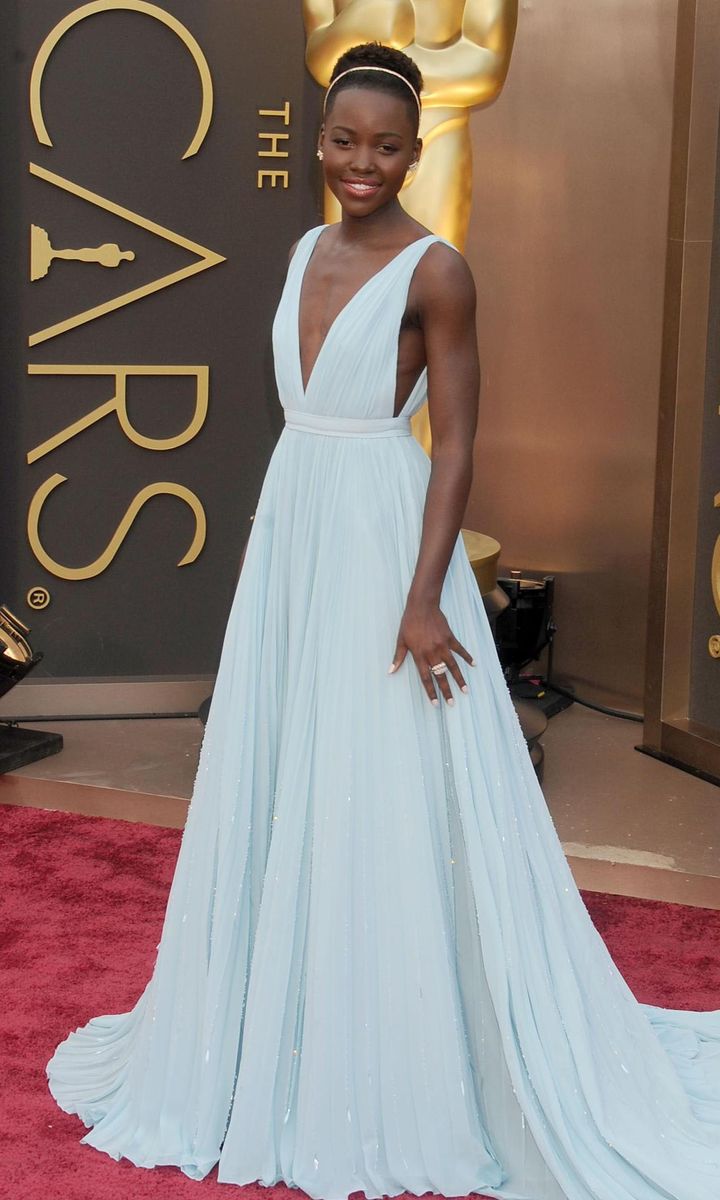 Lupita Nypong'o in a blue Prada dress