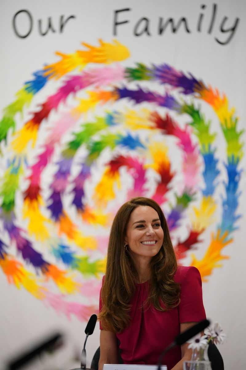 HAYLE, UNITED KINGDOM - JUNE 11: Catherine, Duchess of Cambridge participating in a roundtable discussion with a number of representatives from the early years sector who have been influential in the Duchess work in this space, during a visit to Connor Downs Academy, during the G7 summit in Cornwall on June 11, 2021 in Hayle, west Cornwall, England. (Photo by Aaron Chown/WPA Pool/Getty Images)