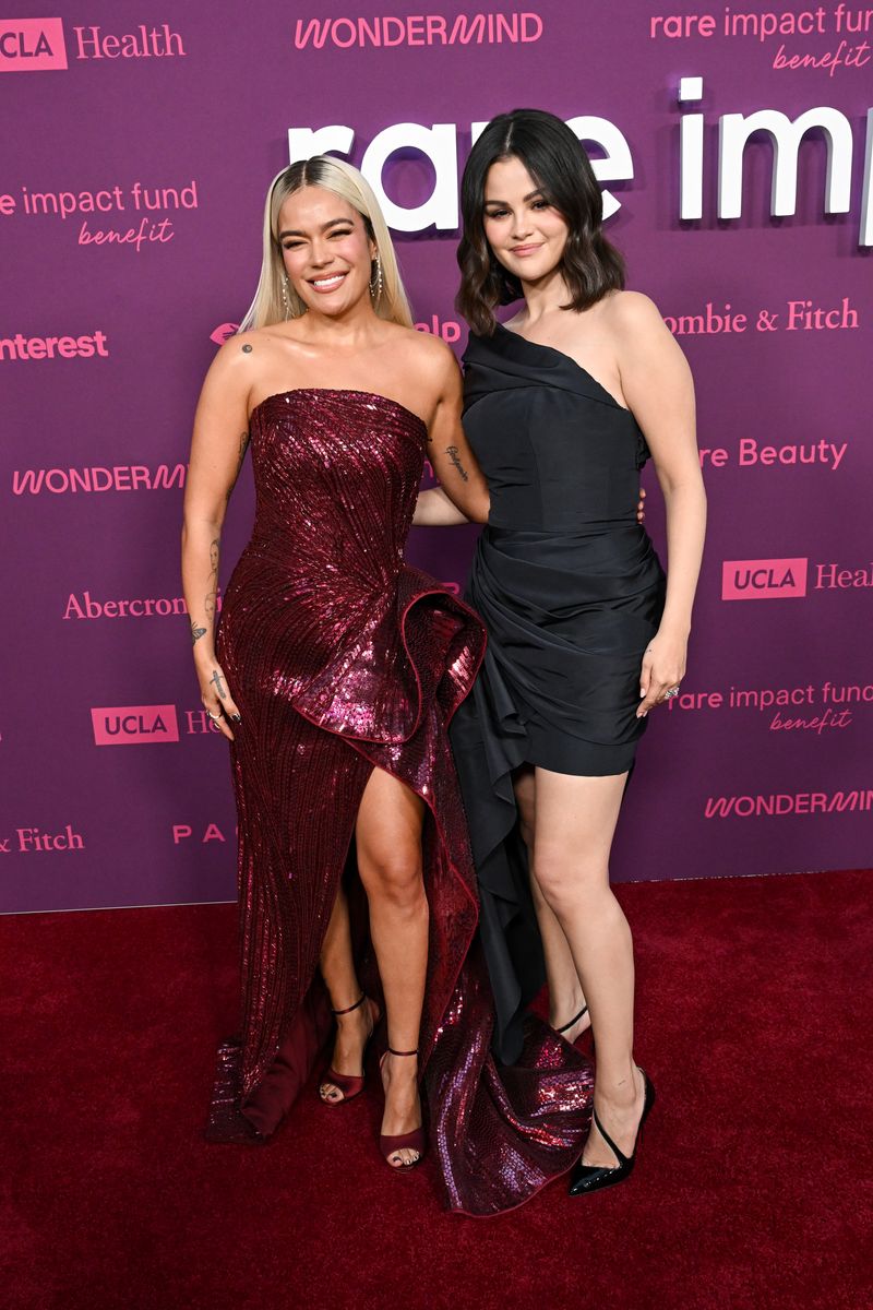 Karol G, Selena Gomez at Selena Gomez's 2nd Annual Rare Impact Fund Benefit at nya studios West on October 24, 2024 in Los Angeles, California. (Photo by Gilbert Flores/Variety via Getty Images)