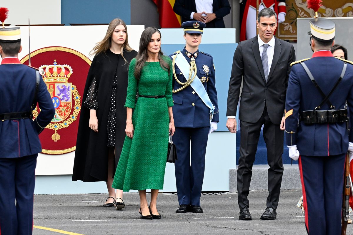 Princess Sofia of Spain, Queen Letizia of Spain, Crown Princess Leonor of Spain and Pedro Sanchez attend The National Day Military Parade.