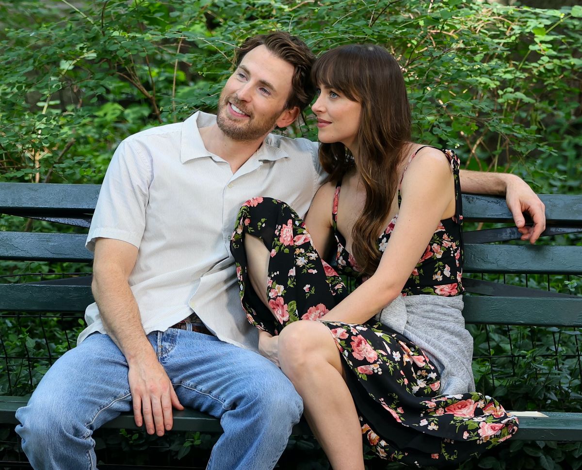 Chris Evans and Dakota Johnson are seen on the movie set of "Materialists" on June 03, 2024 in New York City.  