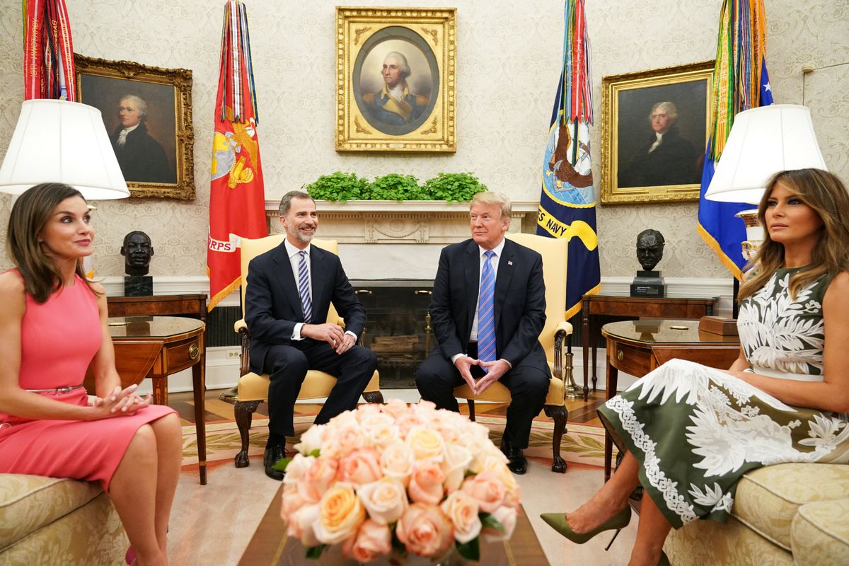 US President Donald Trump and First Lady Melania Trump meet with Spain's King Felipe VI and Queen Letizia in the Oval Office of the White House in Washington, DC on June 19, 2018. 