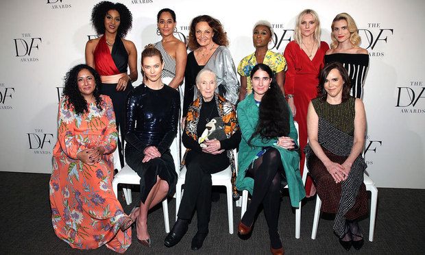 (Top row) Sarah Jones, Tracee Ellis Ross, Diane von Furstenberg, Cynthia Erivo, Laura Brown and Allison Williams (Bottom row) Baljeet Sandhu, Karlie Kloss, Jane Goodall, Yoani Sanchez and Louise Dube at the 2017 DVF Awards
Photo: Paul Zimmerman/WireImage