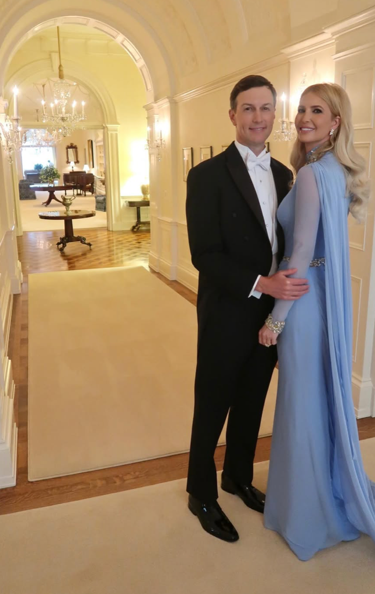 Ivanka Trump arrives at the White House state dinner in a dramatic powder blue Reem Acra gown, channeling timeless Grace Kelly elegance.