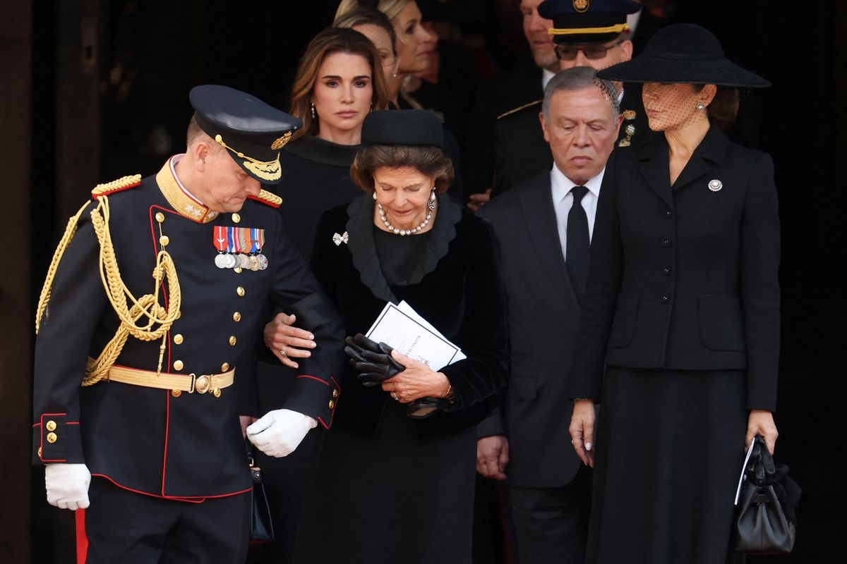 Jordan's Queen Rania, Queen Silvia of Sweden, Jordan's King Abdullah II, and Queen Mary of Denmark leave after the funeral service for late King Harald V of Norway before the casket is moved in a procession from Oslo Cathedral to Akershus Castle in Oslo, Norway, on September 9, 2026