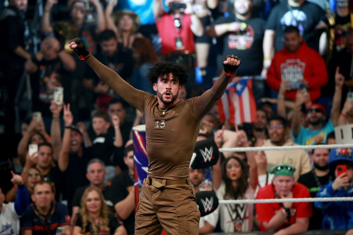  Bad Bunny celebrates his victory on the ring during the WWE Backlash at Coliseo de Puerto Rico JosÃ© Miguel Agrelot on May 06, 2023 in San Juan, Puerto Rico.(Photo by Gladys Vega/ Getty Images)