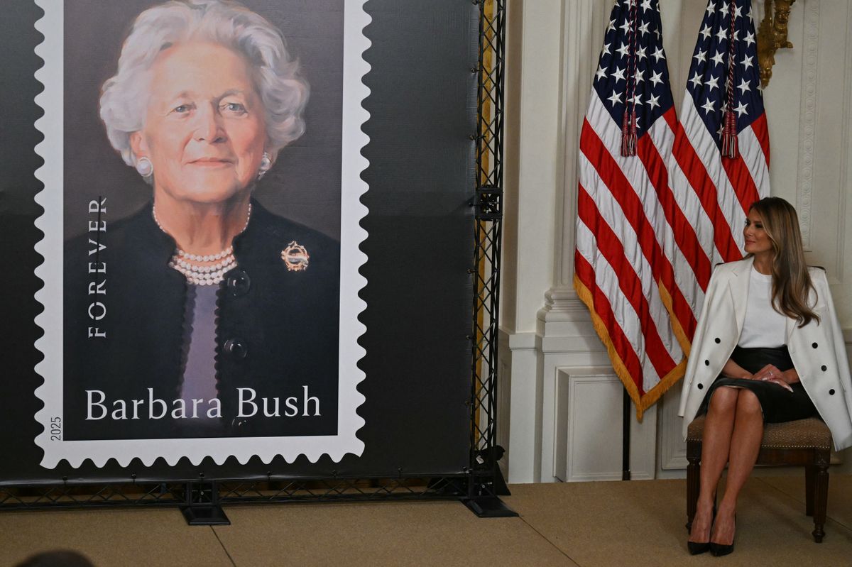 US First Lady Melania Trump attends the unveiling of a US Postal Service stamp of former First Lady Barbara Bush in the East Room of the White House on May 8, 2025, in Washington, DC. (Photo by Drew ANGERER / AFP) (Photo by DREW ANGERER/AFP via Getty Images)          