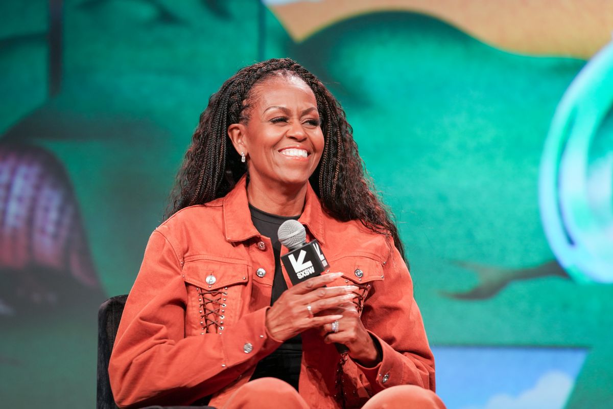 Michelle Obama speaks onstage during a recording of the "IMO with Michelle Obama & Craig Robinson" podcast 