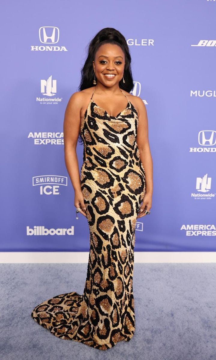 Quinta Brunson wearing an animal print dress by Sergio Hudson.