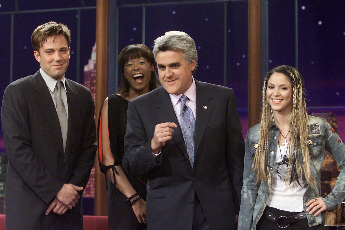 Actor Ben Affleck, actress Aisha Tyler, host Jay Leno, and singer Shakira on April 11, 2002