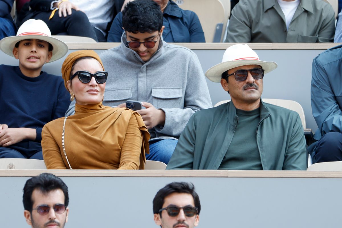 Sheikha Moza bint Nasser Al-Missned, Emir of Qatar Sheikh Tamim ibn Hamad Al Thani attend the men's final on day 15 of the 2025 French Open