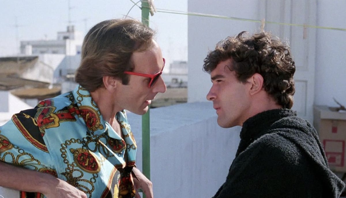Eusebio Poncela and Antonio Banderas on the set of "La Ley del Deseo"