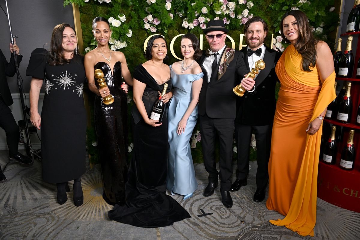 BEVERLY HILLS, CALIFORNIA - JANUARY 05: (2nd L-R) Zoe Saldana, Adriana Paz, Selena Gomez, Jacques Audiard, Edgar RamÃ­rez, and Karla SofÃ­a GascÃ³n attend MoÃ«t & Chandon At The 82nd Annual Golden Globe Awards at The Beverly Hilton on January 05, 2025 in Beverly Hills, California.  (Photo by Michael Kovac/Getty Images for MoÃ«t & Chandon)