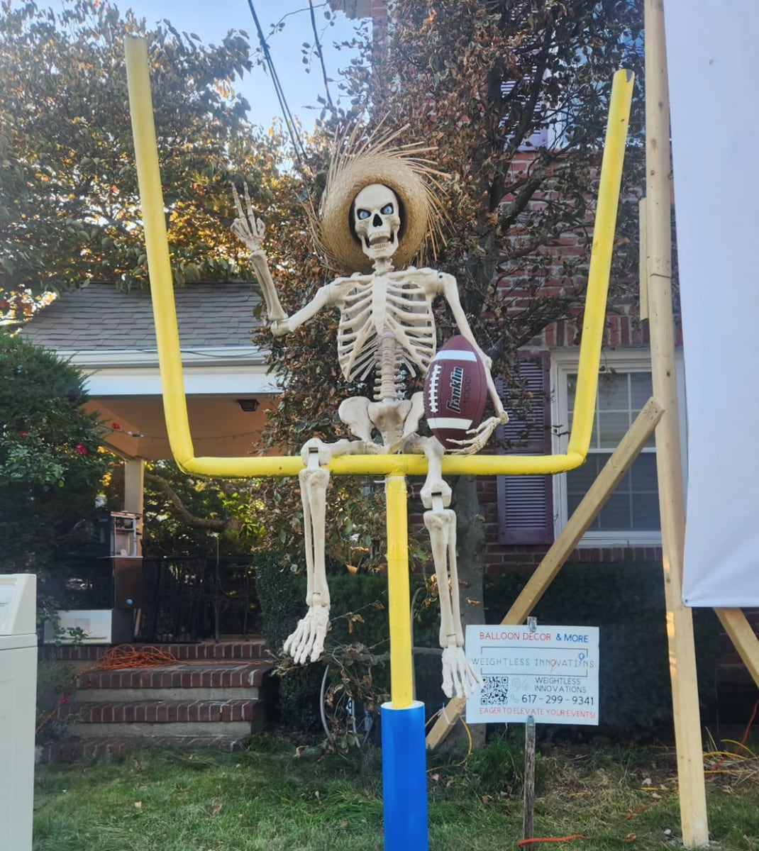 A skeleton dressed as Bad Bunny during  the Super Bowl halftime show performer announcement