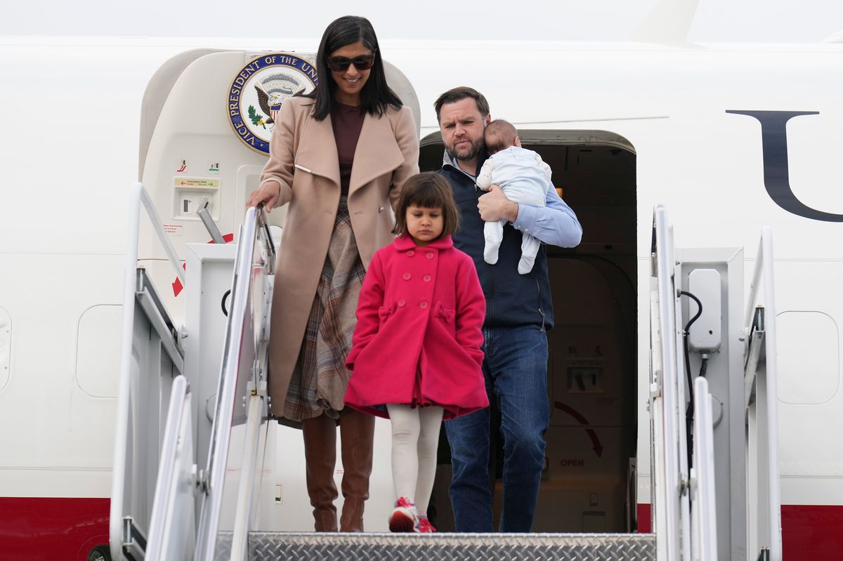 Vice President JD Vance exits Air Force Two with second lady Usha Vance and two of their children, Mirabel Vance and Alec Vance