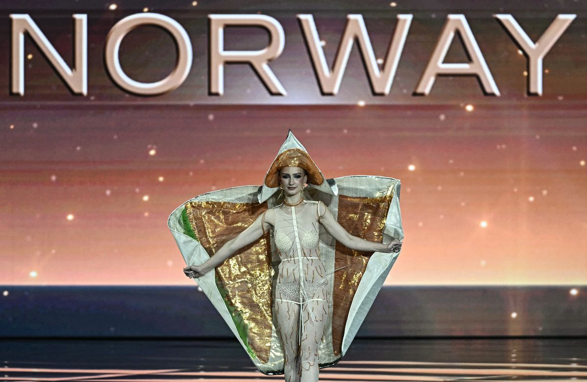 Miss Norway Leonora Lysglimt-Rodland walks on stage during the 2025 Miss Universe national costume presentation in Nonthaburi province